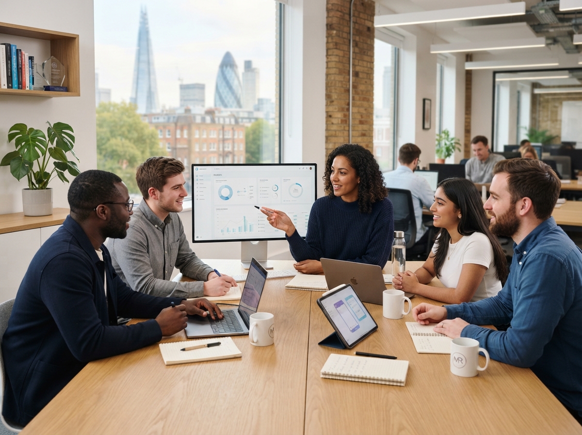 Meridian Rendaxis team reviewing predictive market analytics on a dashboard